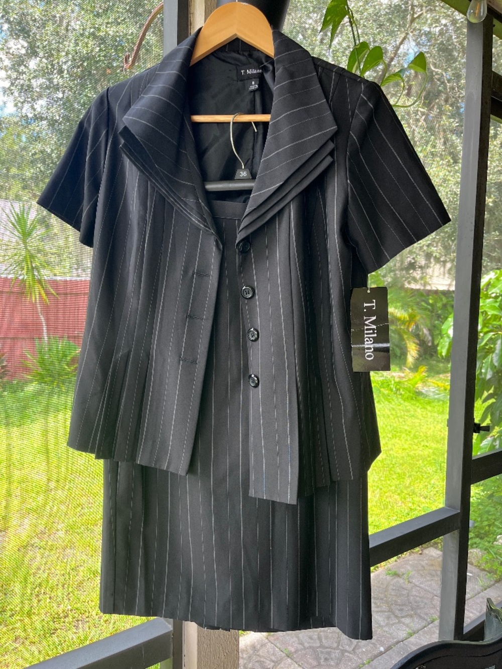 T. Milano black pinstripe short-sleeve blazer and matching skirt two-piece set